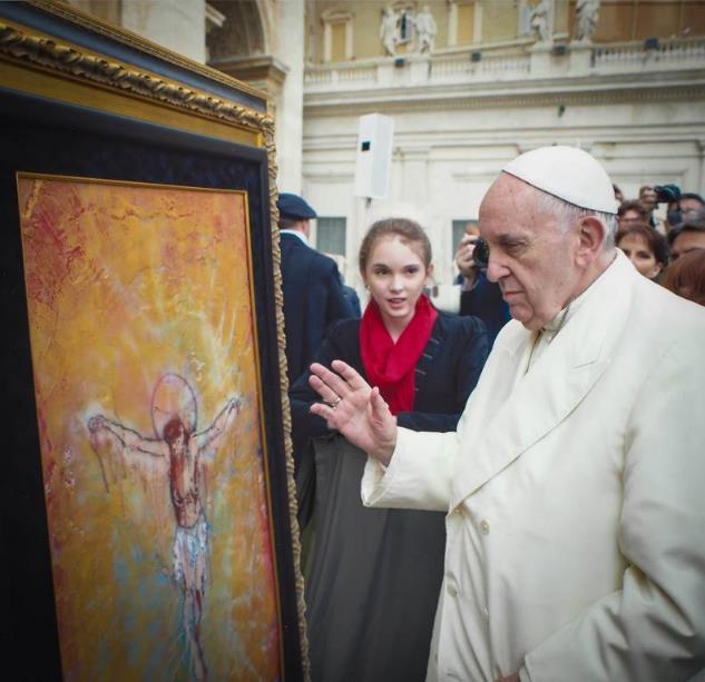 Pope Francis receiving Autumn de Forest’s painting “Resurrection”